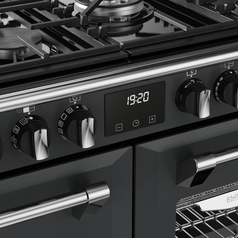 Anthracite grey 100cm dual fuel range cooker with digital clock, stainless steel handles, gas burner controls; Free Delivery . - DB Domestics