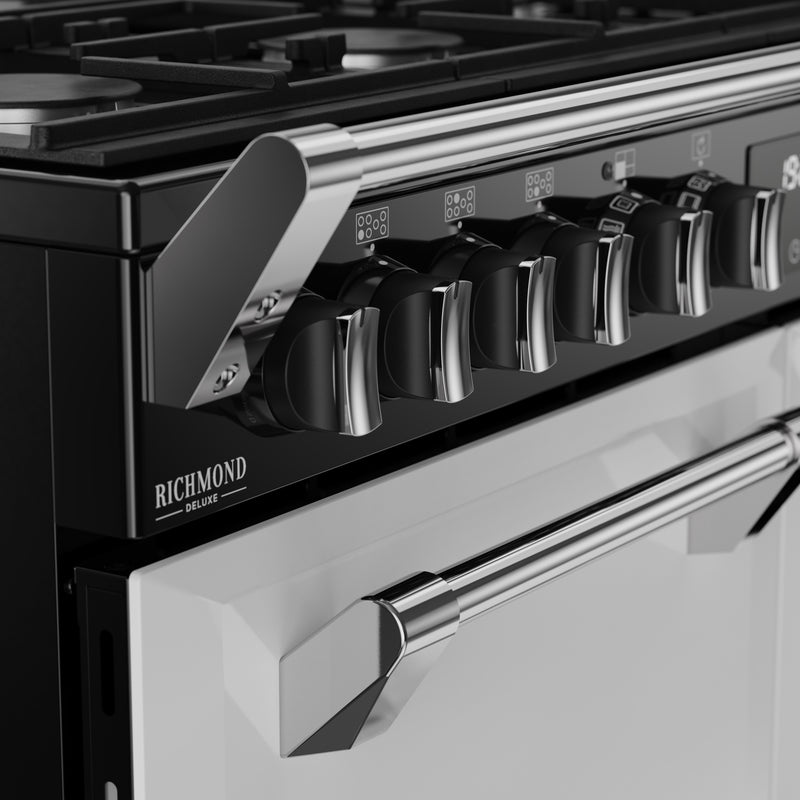 Ice white Stoves Richmond Deluxe 100cm dual fuel range cooker with chrome handle and black control knobs, Free Delivery. - DB Domestics