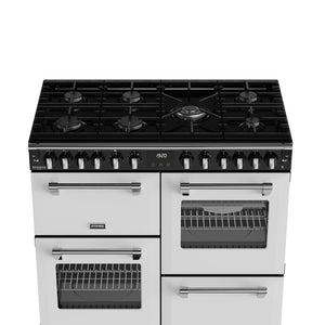 Ice white 100cm dual fuel range cooker with six gas burners and two ovens, Free Delivery Eastbourne Uckfield. - DB Domestics