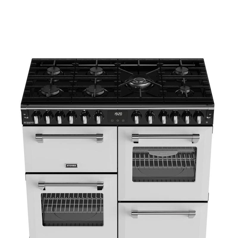 Ice white 100cm dual fuel range cooker with six gas burners and two ovens, Free Delivery Eastbourne Uckfield. - DB Domestics