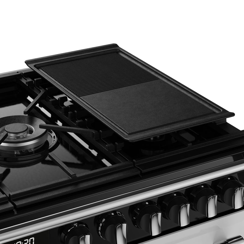 Ice white 100cm dual fuel range cooker with black cast iron griddle and control knobs, Eastbourne Uckfield Free Delivery. - DB Domestics