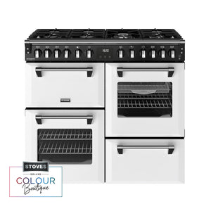 Ice white 100cm dual fuel range cooker with six gas burners, three ovens, and chrome handles, Eastbourne Uckfield Free. - DB Domestics