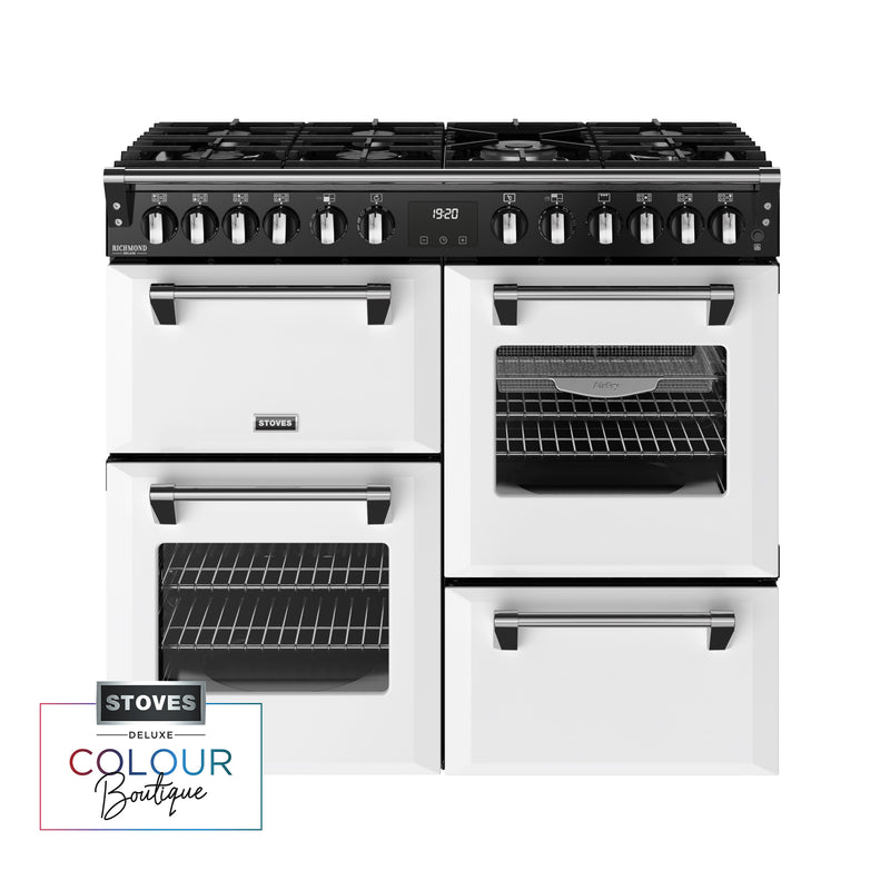 Ice white 100cm dual fuel range cooker with six gas burners, three ovens, and chrome handles, Eastbourne Uckfield Free. - DB Domestics