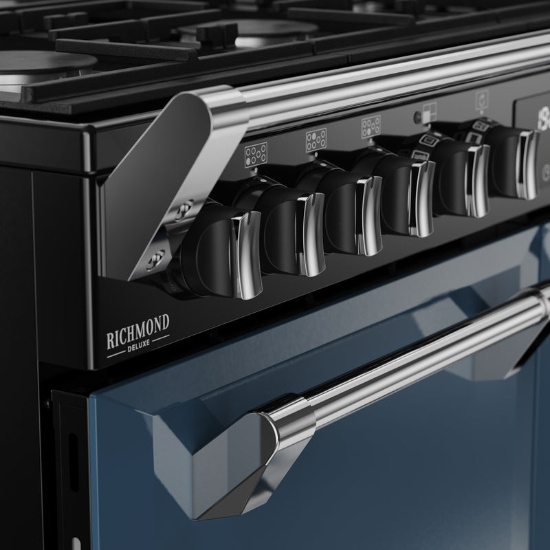 Twilight blue 100cm dual fuel range cooker with black control knobs and stainless steel handle, Free Delivery Eastbourne. - DB Domestics