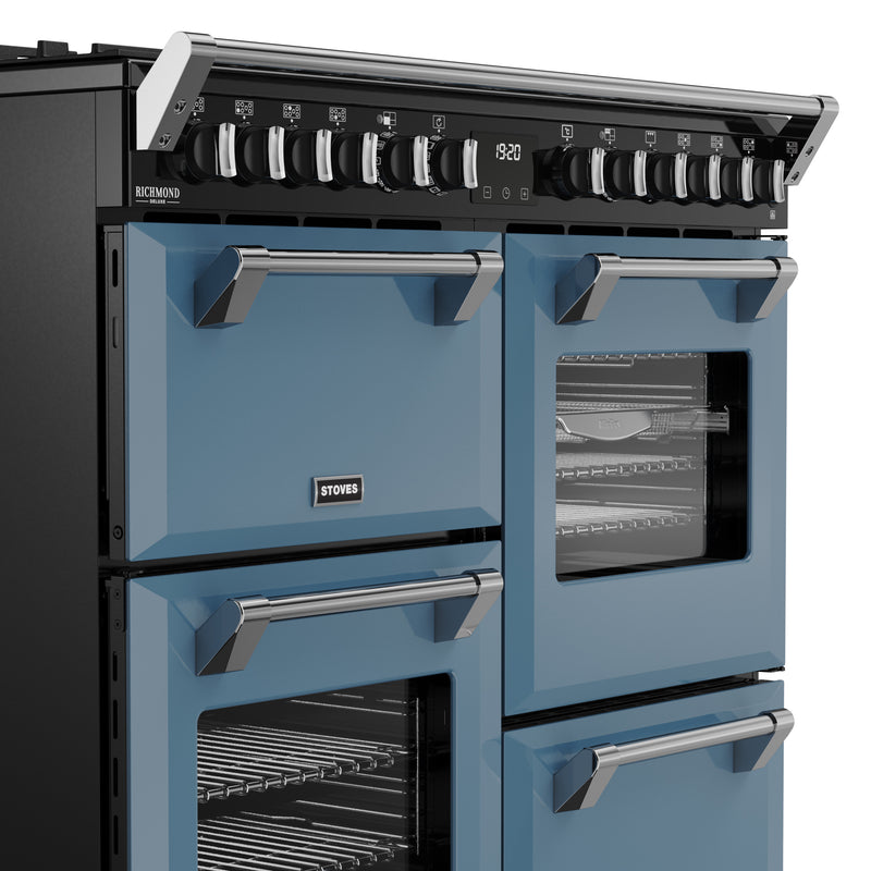 Twilight blue 100cm dual fuel range cooker with four ovens and chrome handles, Eastbourne Uckfield Free Delivery. - DB Domestics