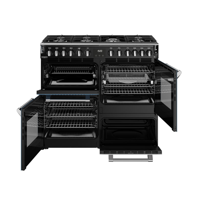 Twilight blue 100cm dual fuel range cooker with six burners, multiple oven compartments, open doors showing racks, Free. - DB Domestics