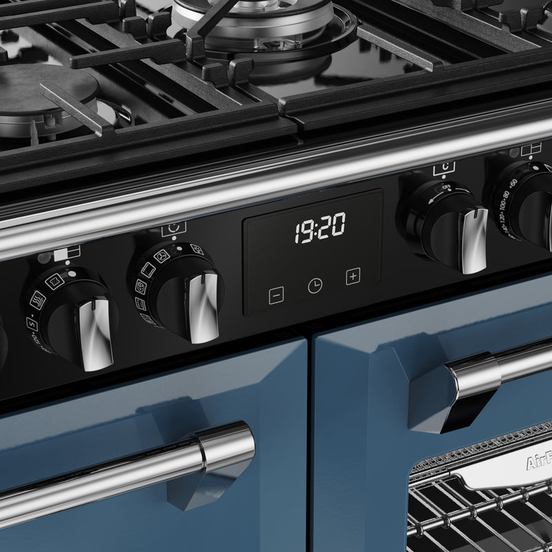 Twilight blue 100cm dual fuel range cooker control panel with stainless steel handles, Eastbourne Uckfield Free Delivery. - DB Domestics