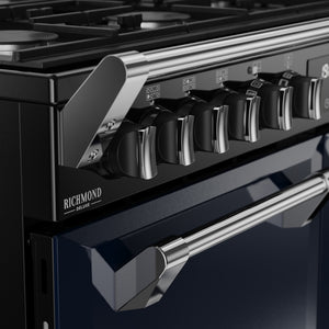 Midnight blue Stoves Richmond Deluxe 100cm dual fuel range cooker with chrome handles and control knobs, Free Delivery. - DB Domestics