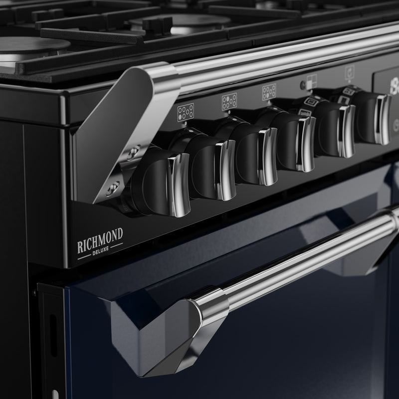 Midnight blue Stoves Richmond Deluxe 100cm dual fuel range cooker with chrome handles and control knobs, Free Delivery. - DB Domestics