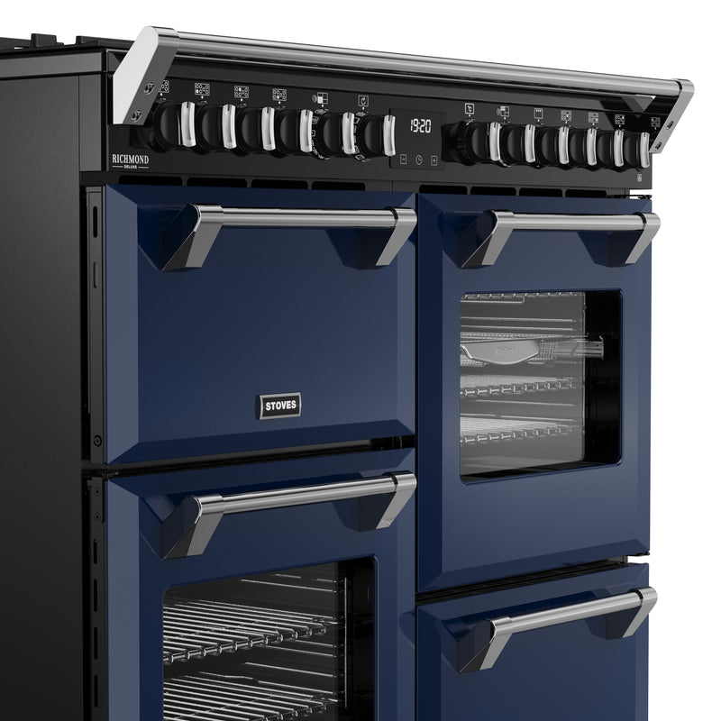 Midnight blue 100cm dual fuel range cooker with six burners, double oven, and chrome handles, Eastbourne Uckfield Free. - DB Domestics