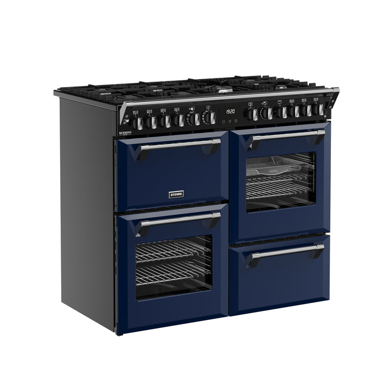 Midnight blue 100cm dual fuel range cooker with six burners and three ovens, free delivery Eastbourne Uckfield. - DB Domestics