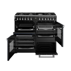 Midnight blue 100cm dual fuel range cooker with six burners, triple oven, and chrome handles, available with Free Delivery. - DB Domestics