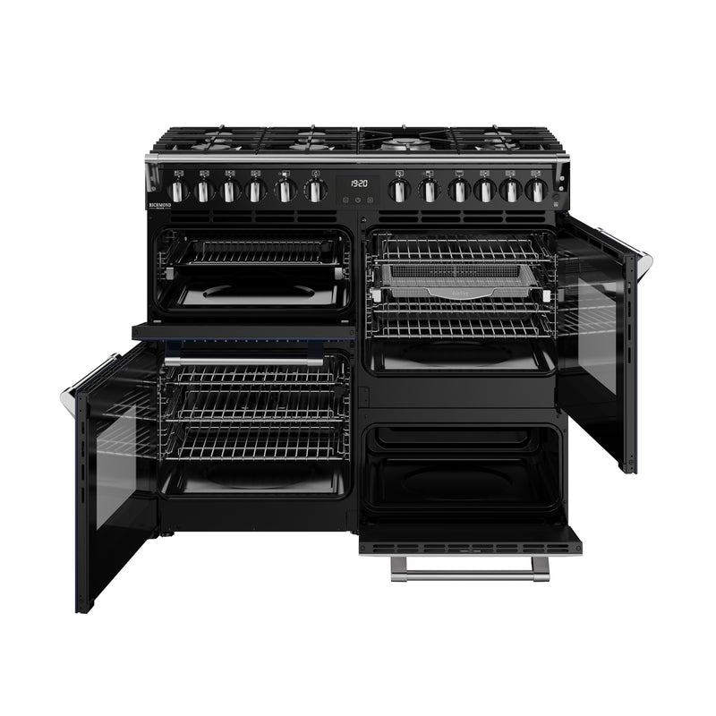 Midnight blue 100cm dual fuel range cooker with six burners, triple oven, and chrome handles, available with Free Delivery. - DB Domestics