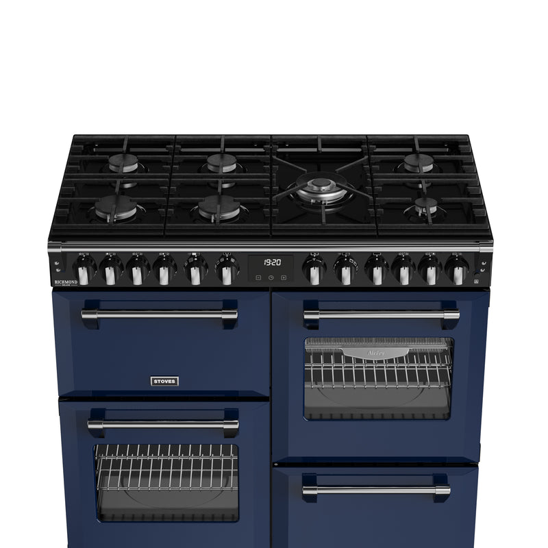 Midnight blue 100cm dual fuel range cooker with six burners, two ovens, and chrome handles, Free Delivery Eastbourne Uckfield. - DB Domestics