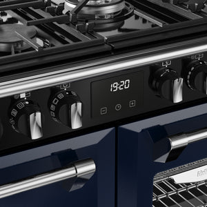 Midnight blue Stoves Richmond Deluxe 100cm dual fuel cooker controls with digital timer, free delivery Eastbourne Uckfield. - DB Domestics
