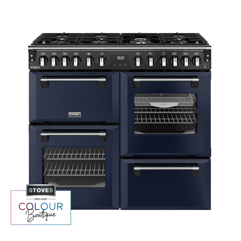 Midnight blue 100cm dual fuel range cooker with six burners and three ovens, available in Eastbourne and Uckfield with Free. - DB Domestics