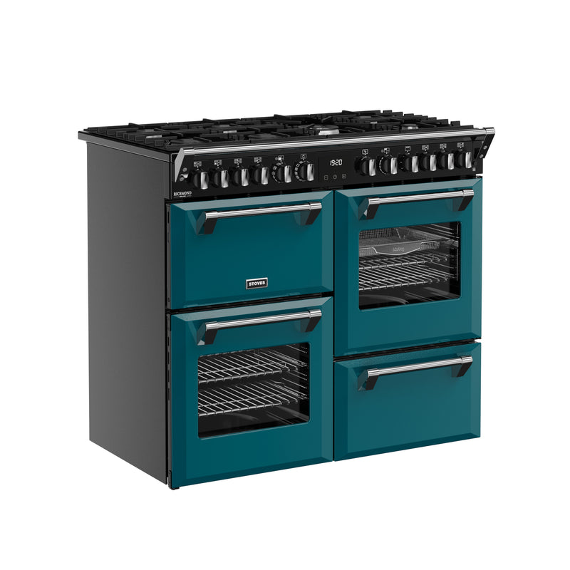 Richmond Deluxe 100cm dual fuel range cooker in deep marine with three ovens and black burners, Eastbourne Uckfield Free. - DB Domestics