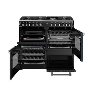 Deep marine 100cm dual fuel range cooker with six burners, three open ovens, and chrome handles, available for Eastbourne. - DB Domestics