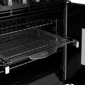 Open black oven interior with metal wire mesh tray on sliding rack of Stoves Richmond Deluxe 100cm dual fuel range cooker in . - DB Domestics