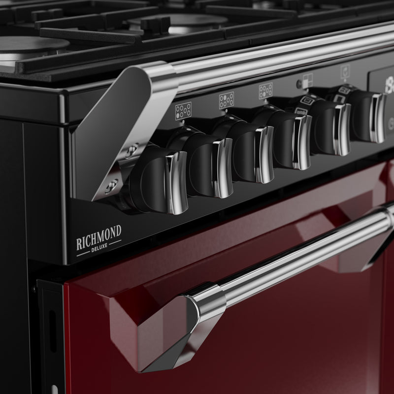 Garnet red 100cm dual fuel range cooker with black control knobs and stainless steel handle, Richmond Deluxe, Free Delivery. - DB Domestics