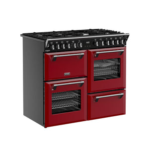 Garnet red 100cm dual fuel range cooker with six burners and three ovens, available with free delivery to Eastbourne and. - DB Domestics