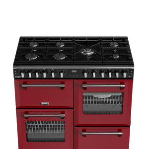 Garnet red 100cm dual fuel range cooker with six gas burners and three ovens, Eastbourne Uckfield Free Delivery. - DB Domestics