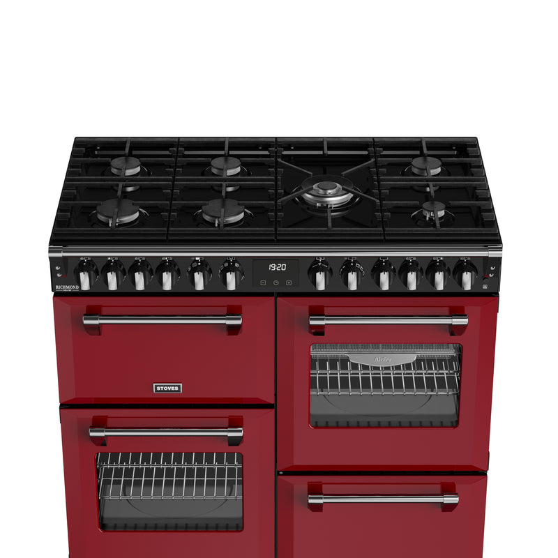 Garnet red 100cm dual fuel range cooker with six gas burners and three ovens, Eastbourne Uckfield Free Delivery. - DB Domestics