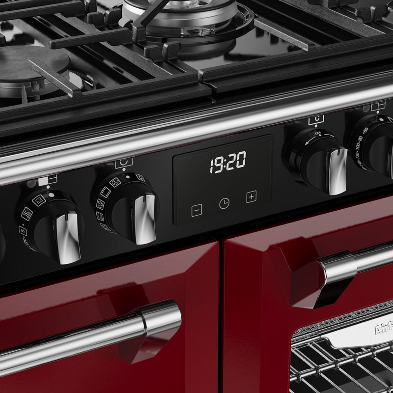 Garnet red 100cm dual fuel range cooker with black control panel and stainless steel handles, Eastbourne Uckfield Free. - DB Domestics