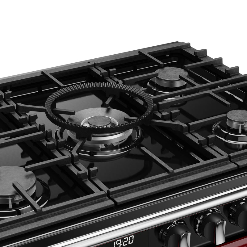 Garnet red 100cm dual fuel range cooker with black gas burners and silver control knobs, Eastbourne, Uckfield, Free Delivery. - DB Domestics