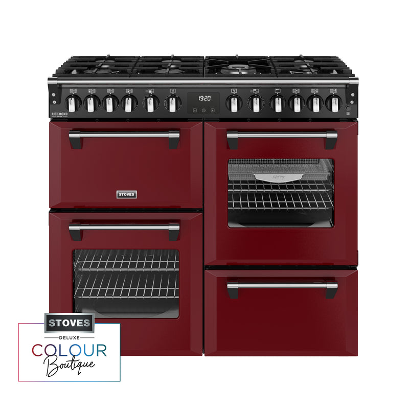 Garnet red 100cm dual fuel range cooker with six burners, triple ovens, chrome handles, knobs Eastbourne Uckfield Free. - DB Domestics