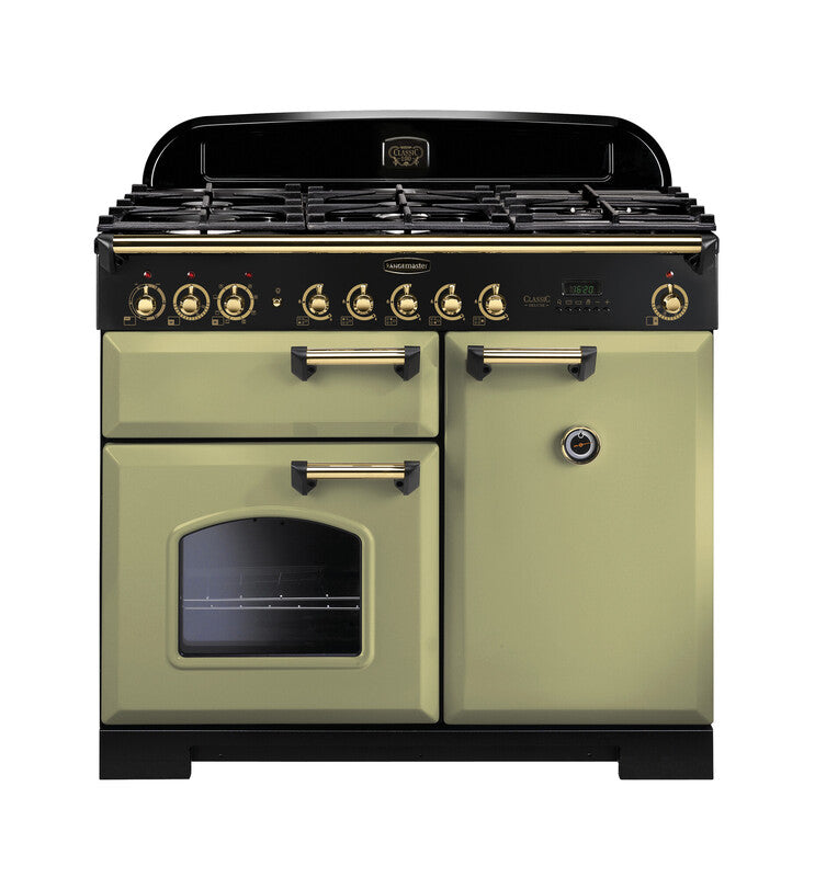 Rangemaster Classic Deluxe 100cm Dual Fuel Range Cooker Olive Green with Brass
