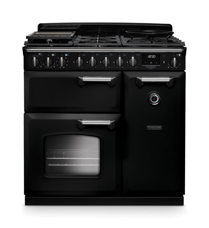 Rangemaster Classic Deluxe CLDL90DFPGBL/CM1 90cm Dual Fuel Gloss Black/Chrome