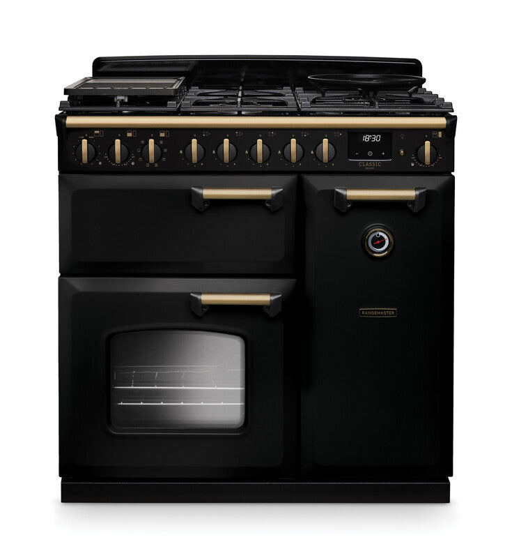 Rangemaster Classic Deluxe CLDL90DFPGBL/AB1 90cm Dual Fuel Gloss Black/Antique Brass