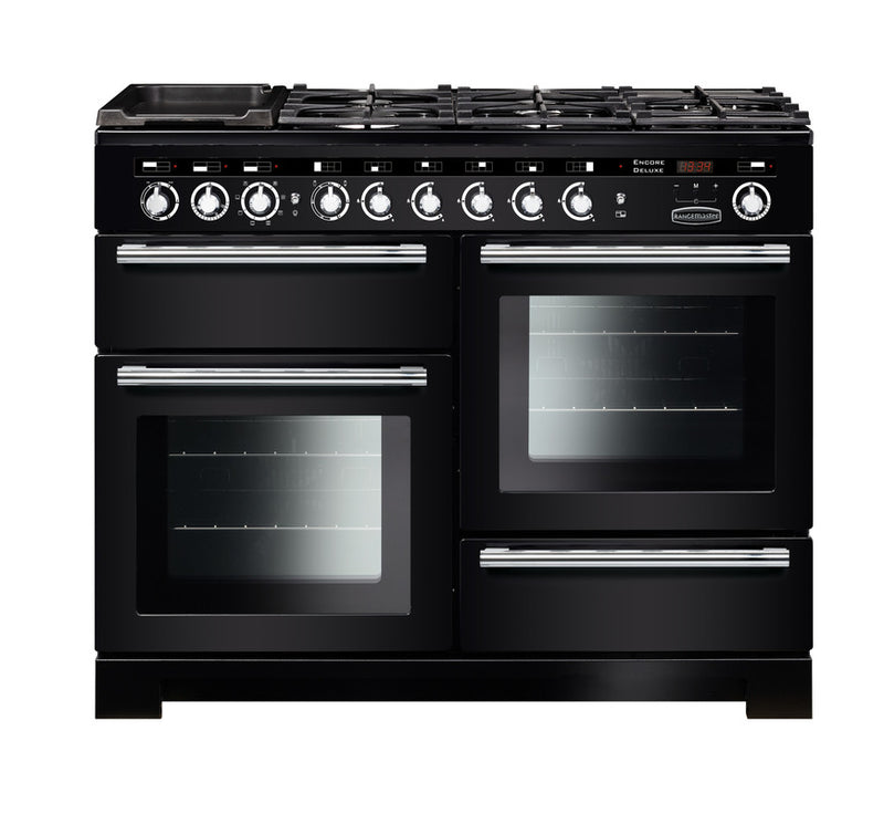 Rangemaster Encore Deluxe 110cm Dual Fuel Range Cooker Black with Chrome