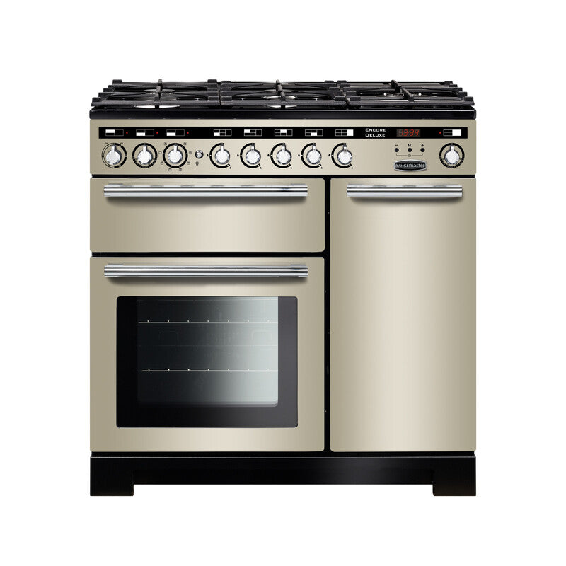Rangemaster Encore Deluxe 90cm Dual Fuel Range Cooker Ivory with Chrome
