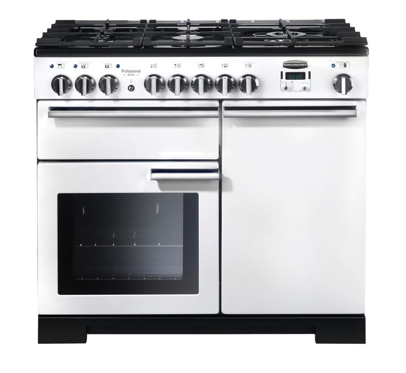 Rangemaster PDL100DFFWH/C Professional Deluxe 100cm Dual Fuel Range Cooker White with Chrome