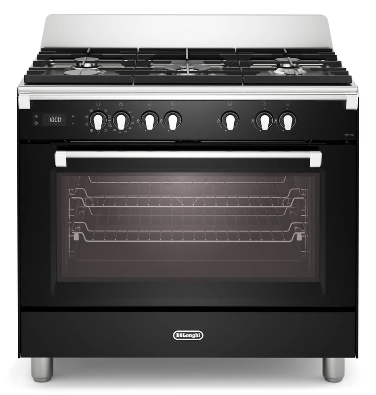 DeLonghi Bassano BS965MXN 90cm Single Cavity Dual Fuel Range Cooker Gloss Black
