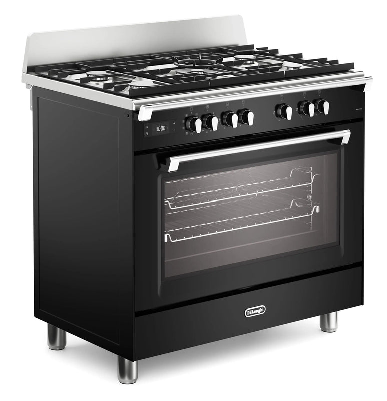 DeLonghi Bassano BS965MXN 90cm Single Cavity Dual Fuel Range Cooker Gloss Black