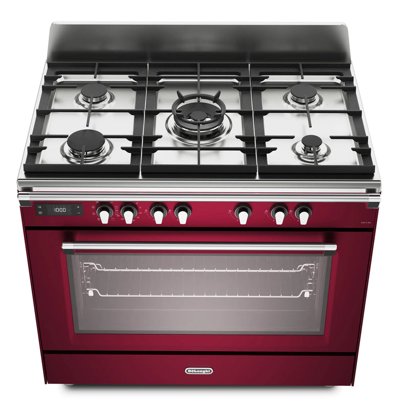 DeLonghi Bassano BS965MXR 90cm Single Cavity Dual Fuel Range Cooker Burgundy