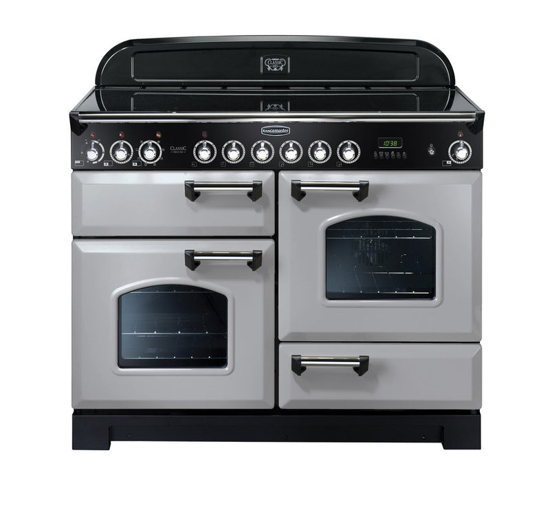 Rangemaster Classic Deluxe 110cm Ceramic Range Cooker Royal Pearl with Chrome