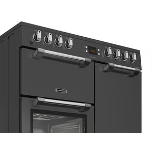 Anthracite grey Leisure Cookmaster 90cm dual fuel range cooker with stainless steel handles and digital display, Free. - DB Domestics