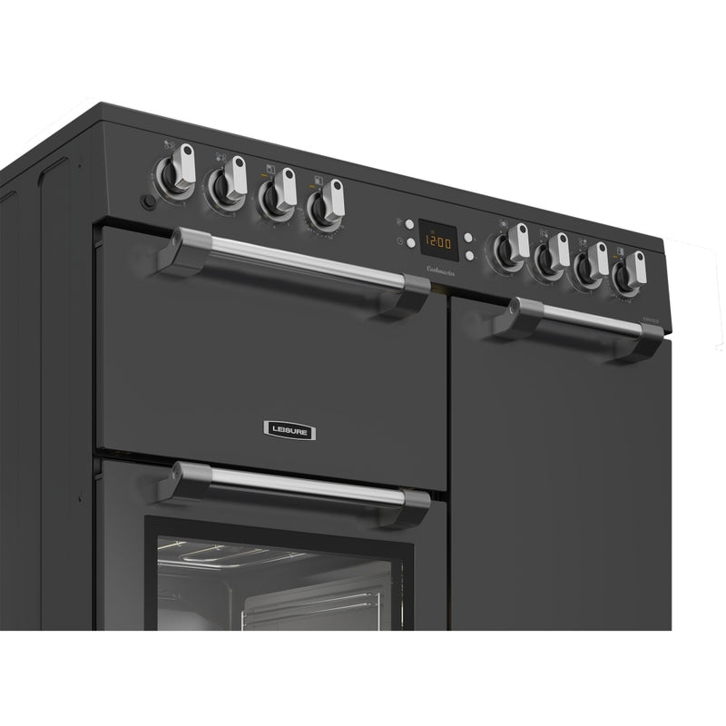 Anthracite grey Leisure Cookmaster 90cm dual fuel range cooker with stainless steel handles and digital display, Free. - DB Domestics