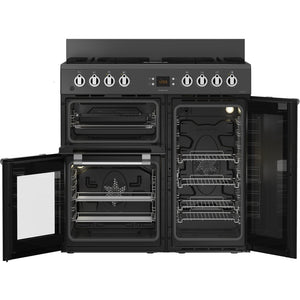 Anthracite grey Leisure Cookmaster 90cm dual fuel range cooker with open oven doors and multiple racks, Free Delivery. - DB Domestics