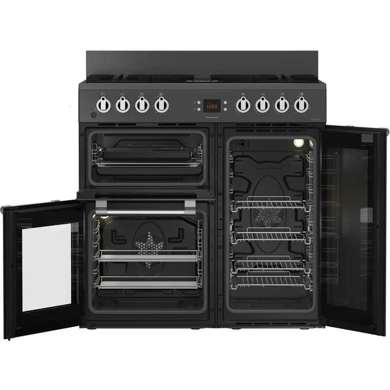 Anthracite grey Leisure Cookmaster 90cm dual fuel range cooker with open oven doors and multiple racks, Free Delivery. - DB Domestics
