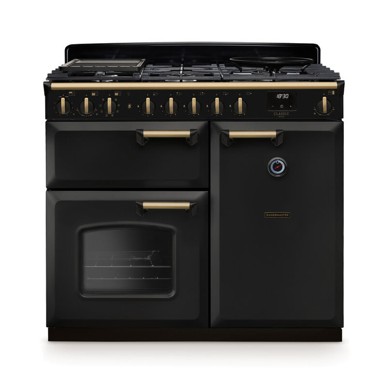 Rangemaster Classic Deluxe CLDL100DFPCBL/AB1 100cm Dual Fuel Charcoal Black/Antique Brass