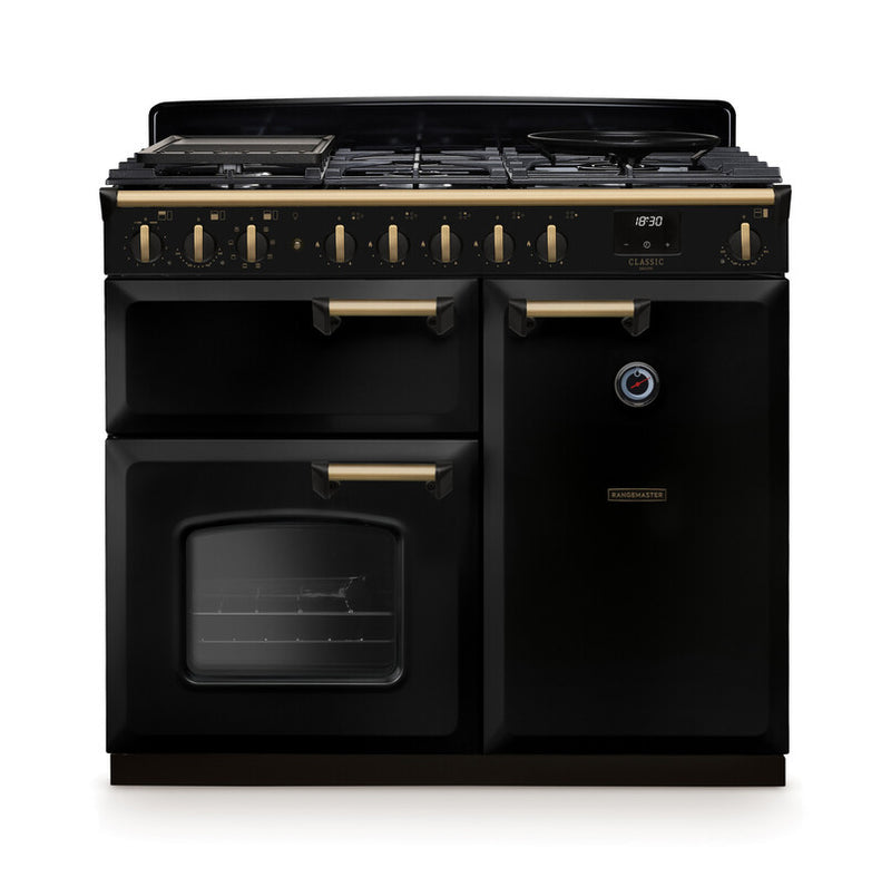 Rangemaster Classic Deluxe CLDL100DFPGBL/AB1 100cm Dual Fuel Gloss Black/Antique Brass