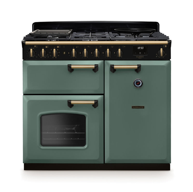 Rangemaster Classic Deluxe CLDL100DFPMGR/AB1 100cm Dual Fuel Mineral Green/Antique Brass