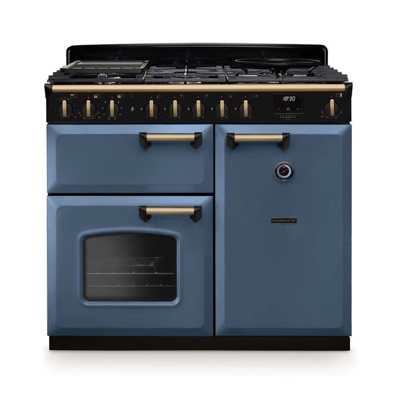 Rangemaster Classic Deluxe CLDL100DFPSTB/AB1 100cm Dual Fuel Stone Blue/Antique Brass
