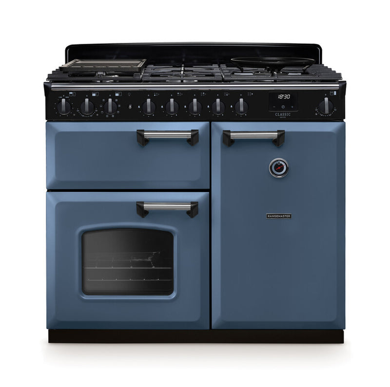 Rangemaster Classic Deluxe CLDL100DFPSTB/CM1 100cm Dual Fuel Stone Blue/Chrome