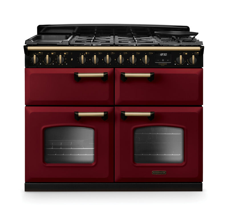 Rangemaster Classic Deluxe CLDLB110DFPBOR/AB1 110cm Dual Fuel Range Cooker Bordeaux/Antique Brass